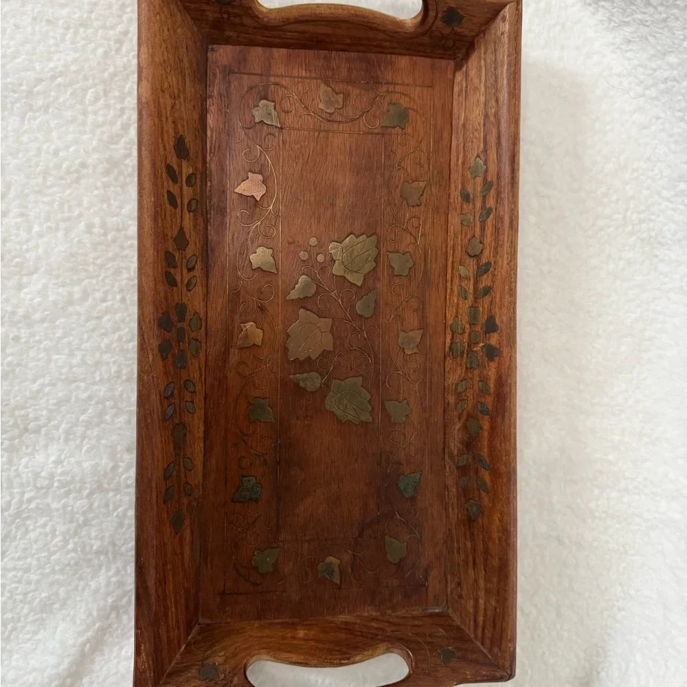 Elegant Wood Tray with Brass Leaf Design